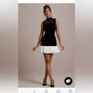 CLUB LONDON BAXTER BLACK & WHITE VELVET MINI DRESS WITH SATIN RUFFLE TRIM